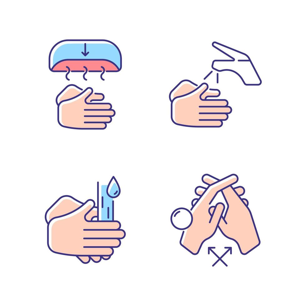 korrekt handtvätt rgb färgikoner set. metod för handtorkning. väta händerna med vatten. gnugga handflatorna mot varandra. sammanlänkade fingrar. isolerade vektorillustrationer. enkla fyllda linjeritningar samling vektor