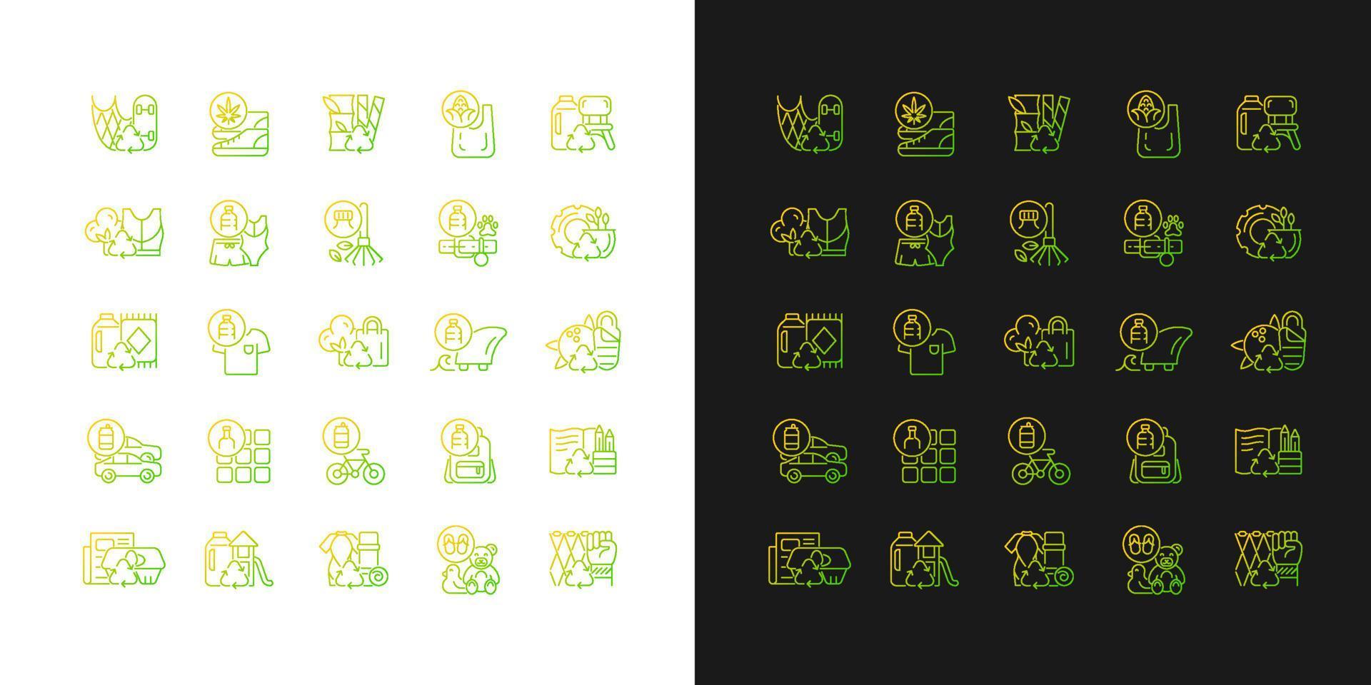 återvunnet material gradientikoner inställda för mörkt och ljust läge. miljövänliga produkter. tunn linje kontur symboler bunt. isolerade vektor kontur illustrationer samling på svart och vitt
