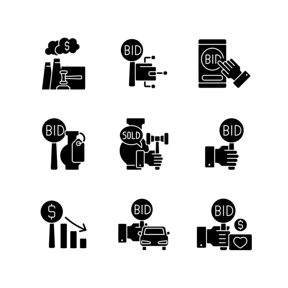 Arten von Auktionen schwarze Glyphensymbole auf weißem Raum. Auktionator und Teilnehmer. Bieten für Fahrzeuge und Kunst. Verkauf von Immobilien und Antiquitäten. Silhouette-Symbole. isolierte Vektorgrafik vektor