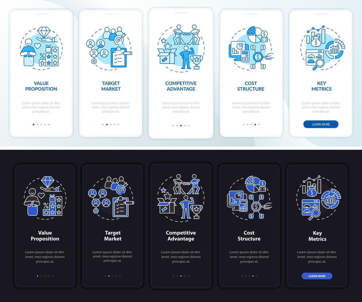 Unternehmensstrukturkomponenten Onboarding mobiler App-Seitenbildschirm. Firmen Walkthrough 5 Schritte grafische Anweisungen mit Konzepten. ui, ux, gui-Vektorvorlage mit Nacht- und Tagmodus-Illustrationen vektor