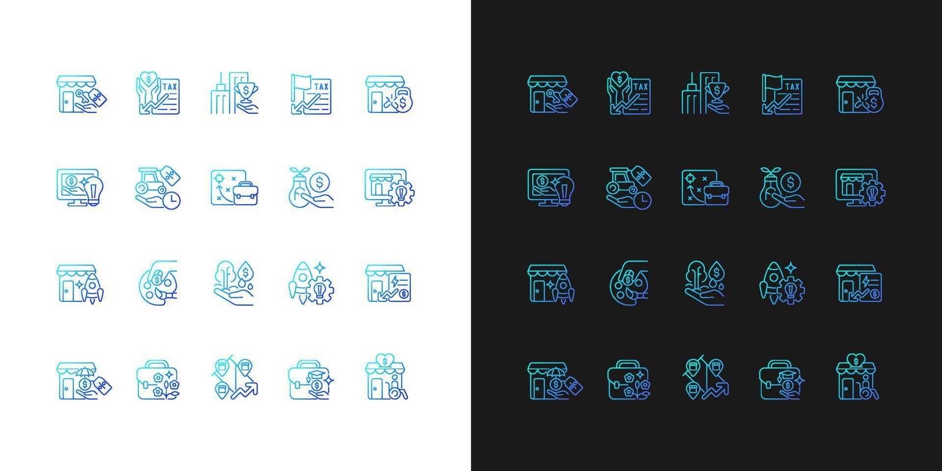 småföretagsincitament gradientikoner inställda för mörkt och ljust läge. ekonomiskt stöd till startups. tunn linje kontur symboler bunt. isolerade vektor kontur illustrationer samling på svart och vitt