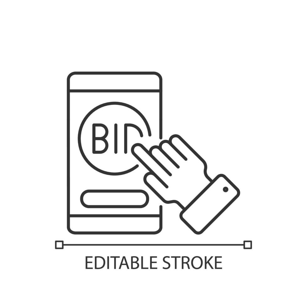 Lineares Symbol für die Auktion der mobilen App. Smartphone-Software. Bewerbung für den Bieterwettbewerb. E-Commerce. dünne Linie anpassbare Illustration. Kontursymbol. Vektor isolierte Umrisszeichnung. bearbeitbarer Strich