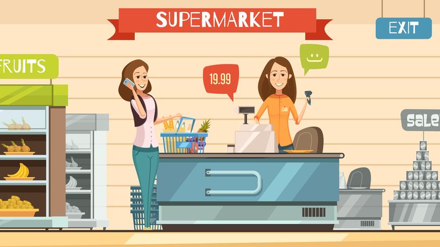 Supermarkt-Kassierer am Register-Retro- Karikatur-Plakat vektor