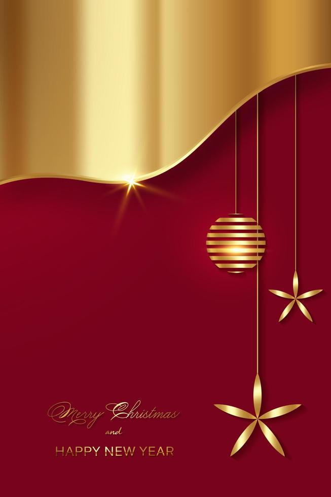 Weihnachtsluxusfeiertagsbanner mit goldenen handgeschriebenen frohen weihnachten und guten rutschen ins neue jahr und goldenen weihnachtskugeln. Vektorillustration auf Folientextur und rotem Hintergrund vektor