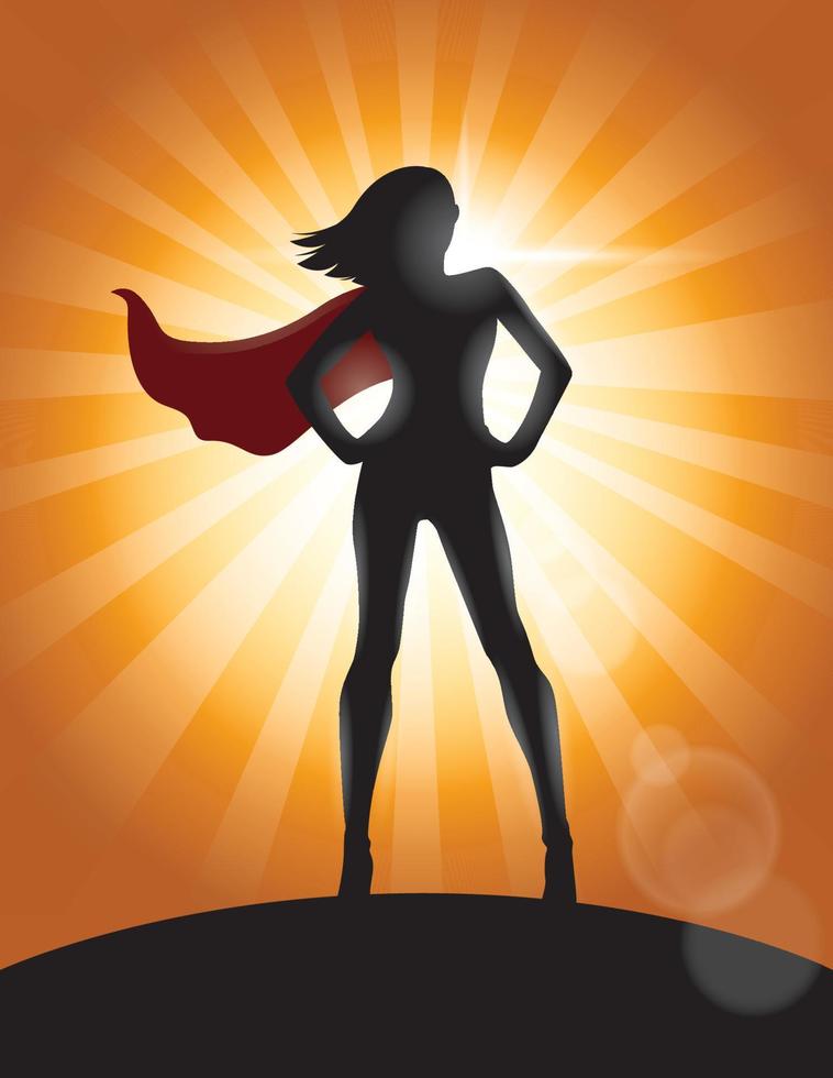 Superheldenmädchen, das mit Umhang in der Windsilhouette steht vektor