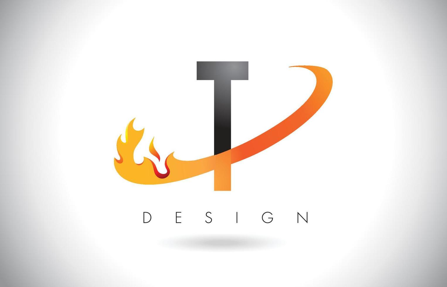 t-Brief-Logo mit Feuerflammen-Design und orangefarbenem Swoosh. vektor