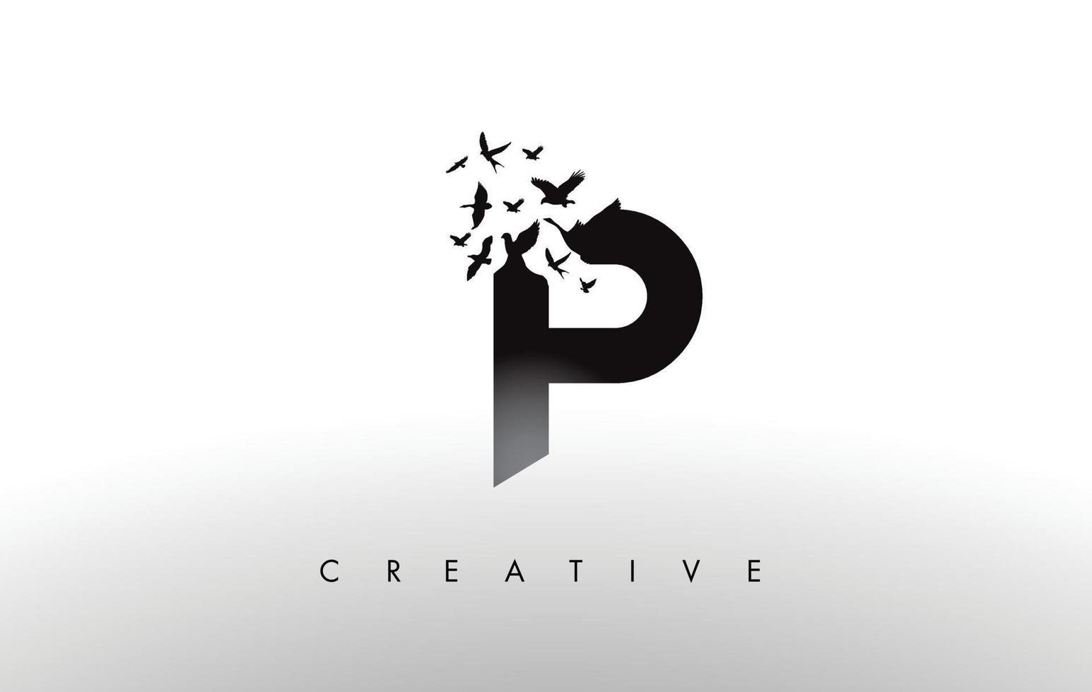 p logobokstav med flock fåglar som flyger och sönderfaller från bokstaven. vektor