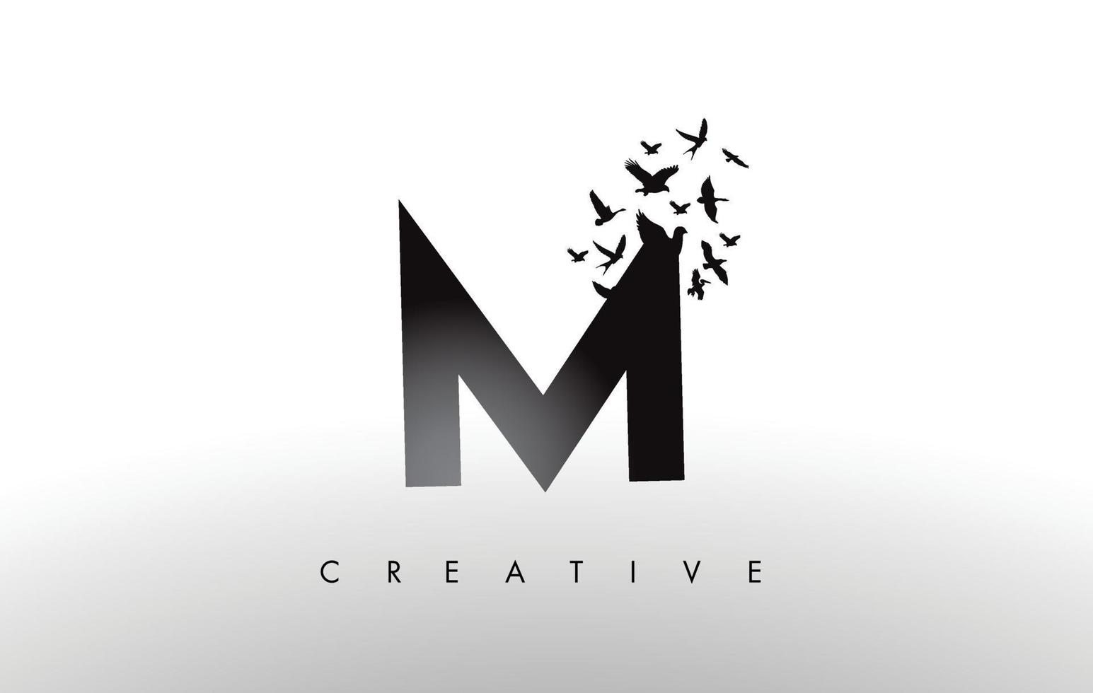 m-Logo-Buchstabe mit Vogelschwarm, der fliegt und sich vom Buchstaben auflöst. vektor
