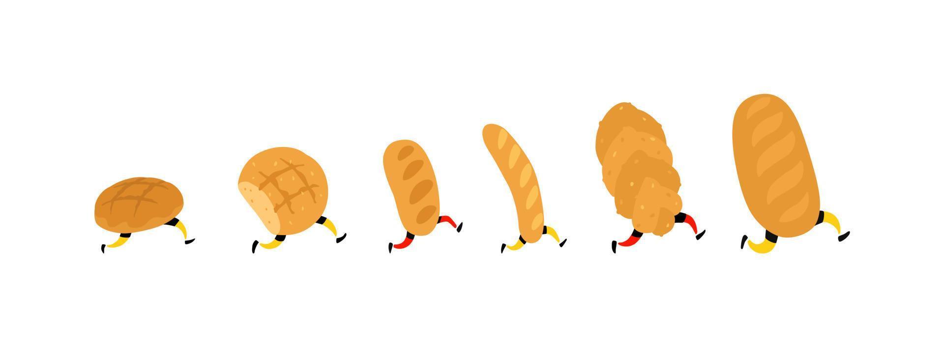 Illustration des laufenden Brotes. Vektor. Brötchen, Brot und Baguette. Symbole für die Site auf weißem Hintergrund. Schilder, Logo für den Laden. Lieferung frischer Backwaren. Zeichen für die Bäckerei. vektor