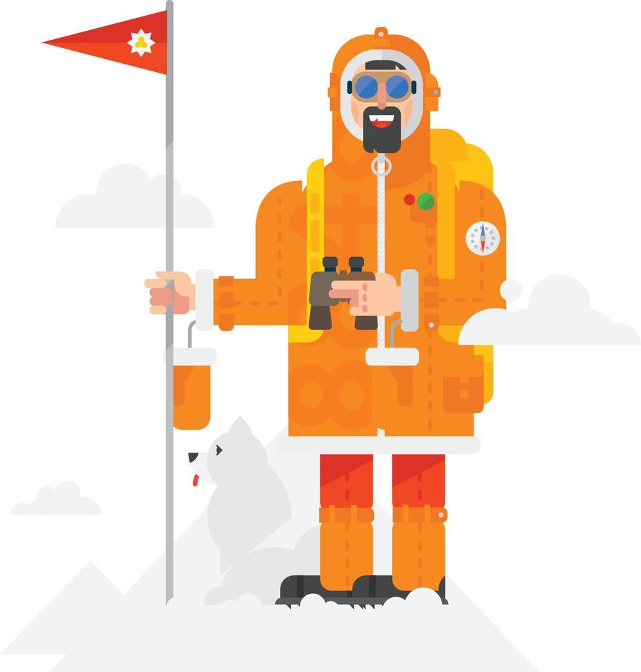 Illustration eines Alpinisten mit einem Hund auf weißem Hintergrund. Mann mit Fahne. Abbildung eines Mannes in einem flachen Stil. Objekt isoliert auf weißem Hintergrund. vektor