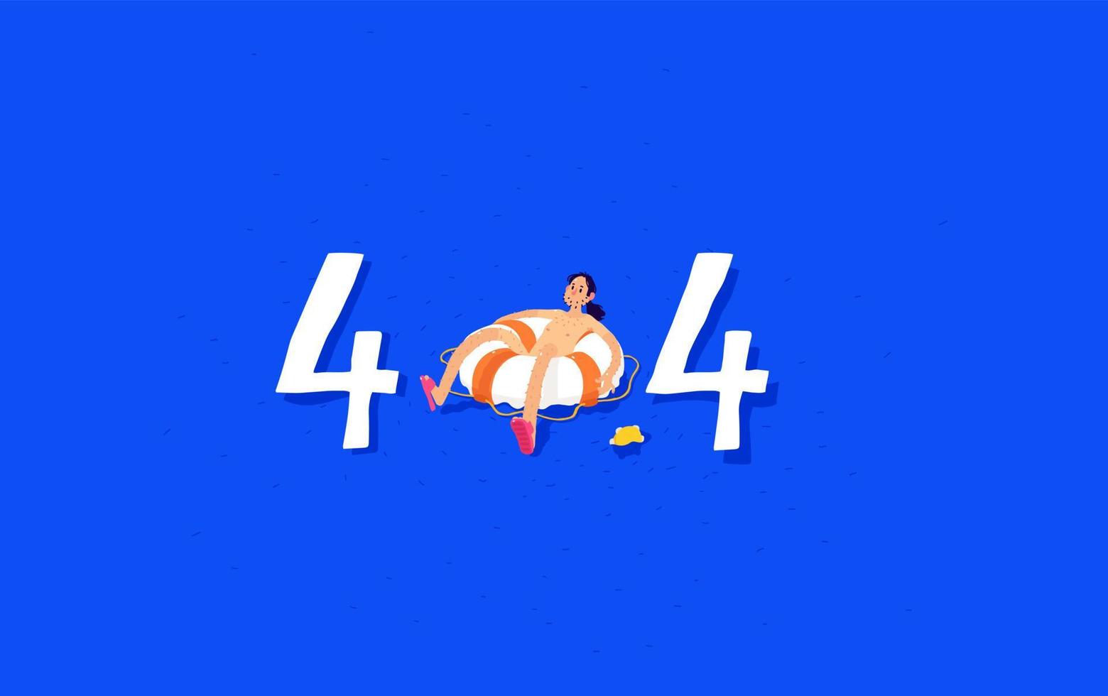 Illustration für Seite 404. Vektor. Benutzer im Ozean auf einer Rettungsboje. Systemadministrator mit einem Tamburin auf einem blauen Bildschirm des Todes. Metapher. Cartoon flacher Stil. vektor