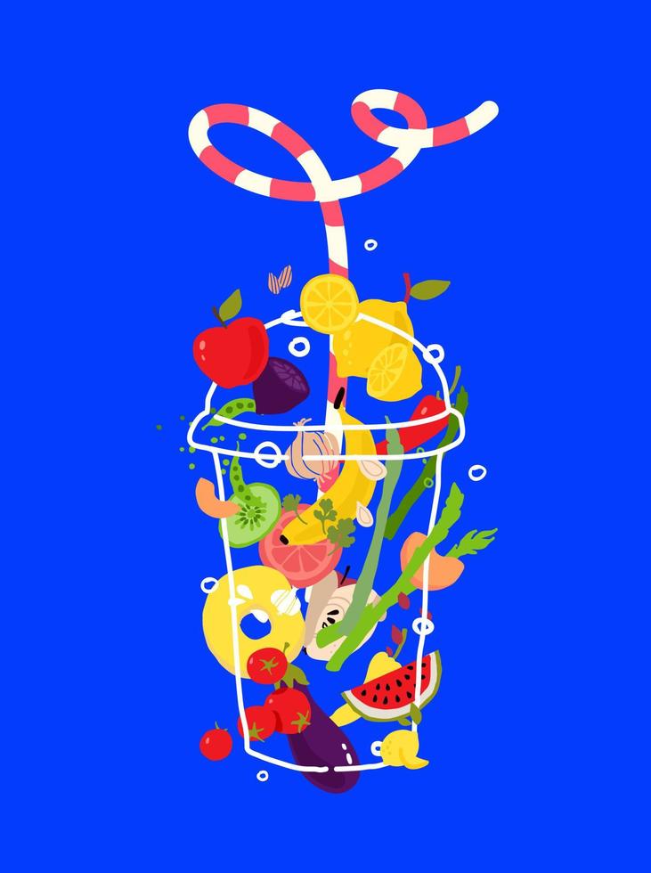 Illustration von Gemüse und Obst in einem transparenten Glas für einen Smoothie mit Strohhalm. Vektor. Muster von Ökoprodukten. Bild für ein Smoothie-Bar-Menü oder ein vegetarisches Café. vektor