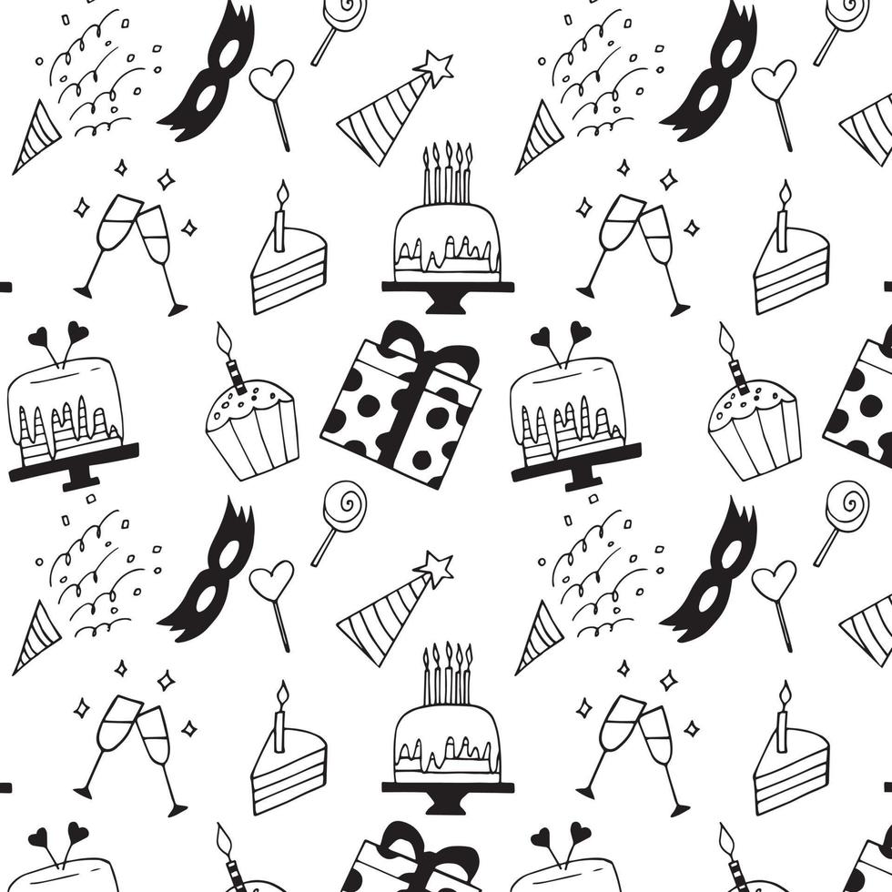 alles gute zum geburtstag muster. handgezeichneter Doodle-Stil. Minimalismus, Monochrom, Skizze. Urlaub, Partykuchen Geschenk Maske Champagner vektor