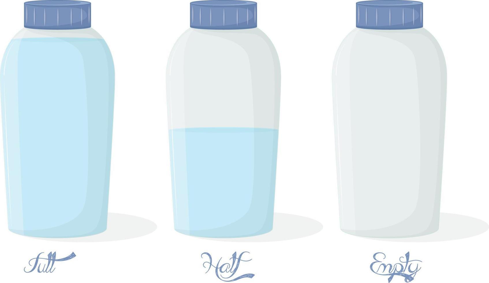 drei arten von glasflaschen isoliert vektor voll halb und leer