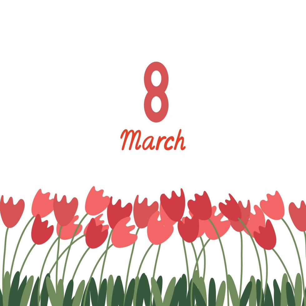 8 mars bokstäver med vackra röda tulpaner. illustration med plats för din text. sociala medier fyrkantigt format. gratulationskort. vit bakgrund. vektor