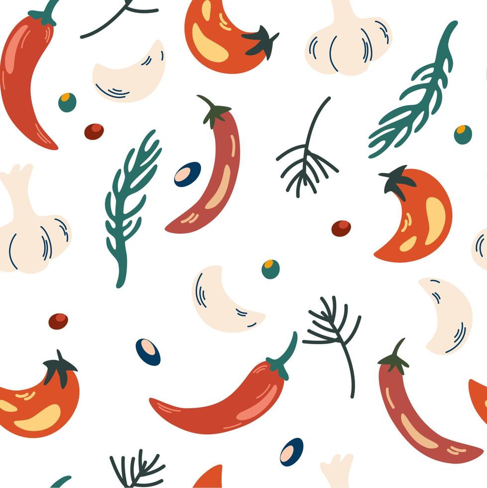 paprika seamless mönster. varm paprika, vitlök och örter bakgrund. hälsosam mat, vegetariskt, marinad. grönsaker. perfekt för design av tapeter, textil, omslagspapper. vektor illustration