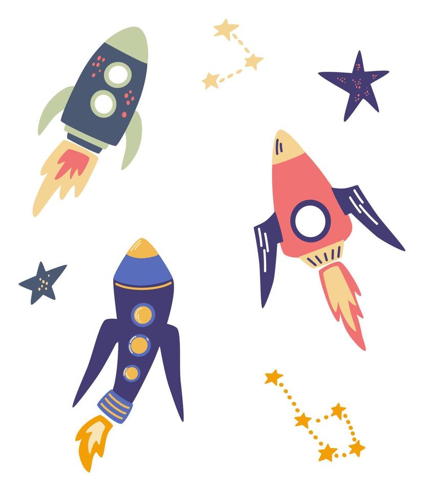 Weltraumraketen eingestellt. Cartoon-Weltraumobjekte. Rakete, Sterne und Konstellationen. Sammlung von fliegenden Fahrzeugen. Handziehraketen für modische Kinderbekleidung oder Textilien. Vektor-Illustration. vektor