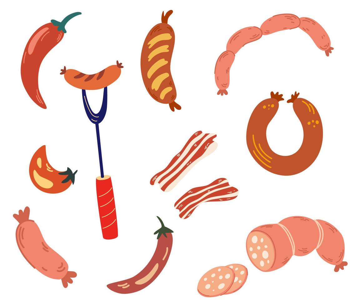 korv set. köttkorvar, salami, bacon, matkorvar av kött. ingrediens skiva, koka salami, grill delikatess. mat. hand rita vektorillustration. vektor