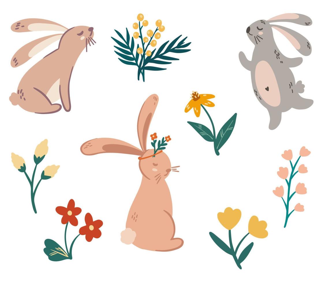 kaniner och blommor. set med söta tecknade kaniner och vårblommor. glad påsk. hand rita vektorillustration. vektor