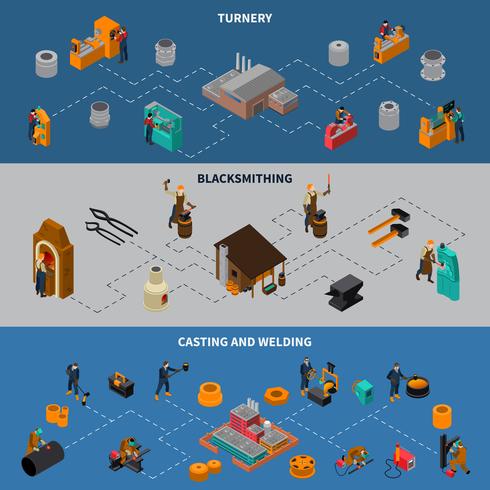 Metallverarbeitung Prozess isometrische Infografik Banner eingestellt vektor