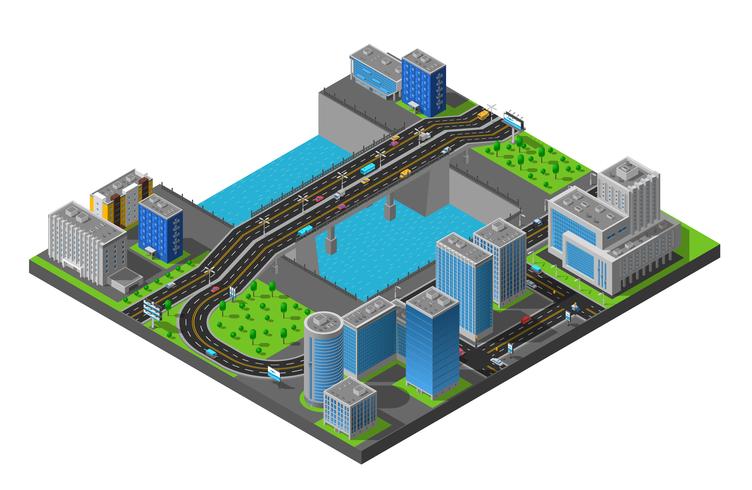 Isometric City Bridge Composition Poster vektor