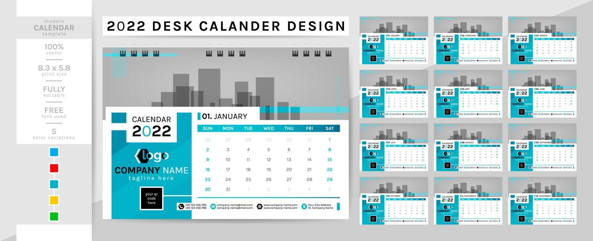 skrivbordskalender och mall för planeringsdagbok för år 2022. denna kreativa eleganta kalender är ett måste för ditt hem och kontor. Färgarbete med två teman, svart och andra. den 12-sidiga veckan börjar på söndag. vektor