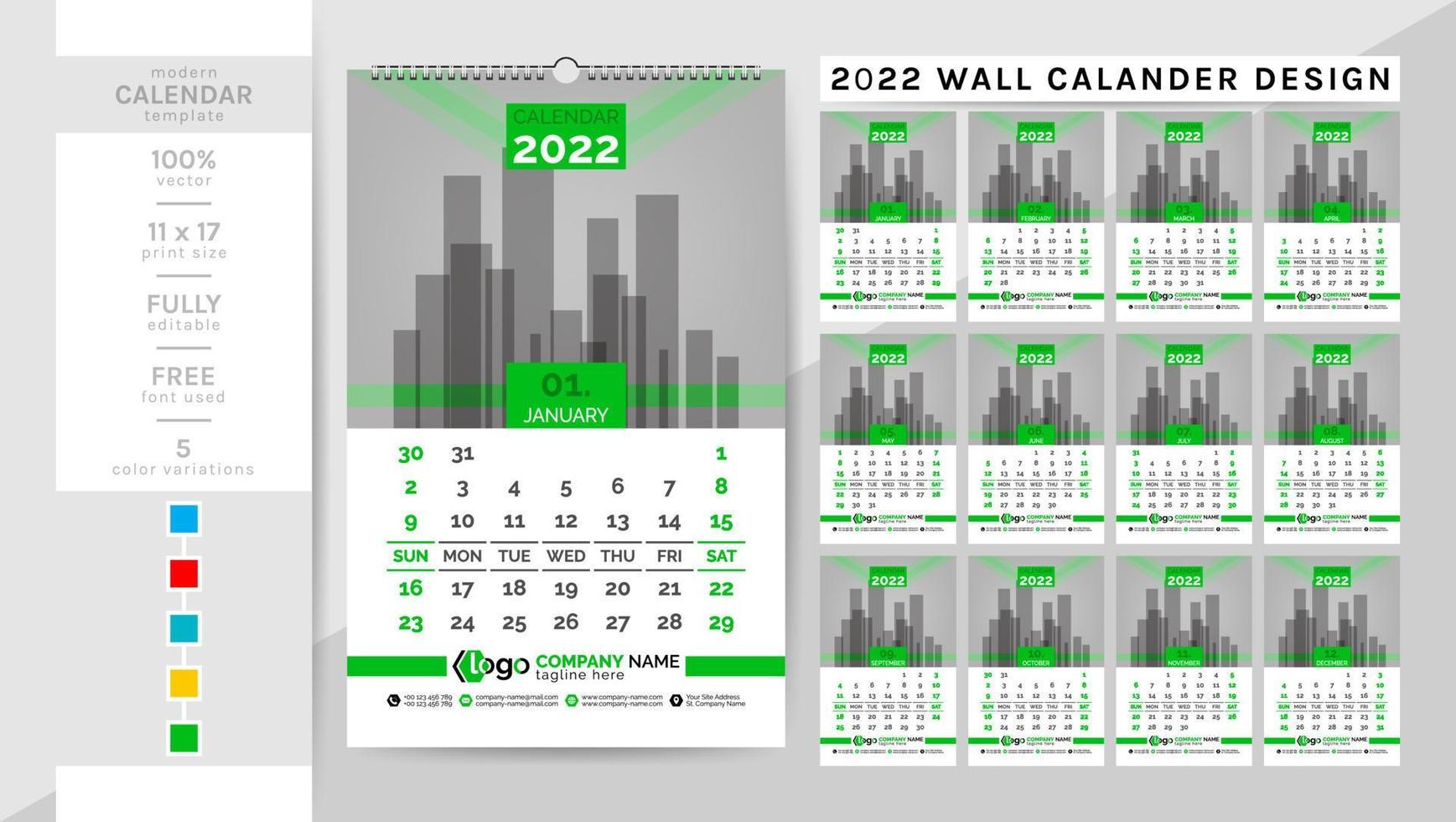 väggkalender och mall för planeraresdagbok för år 2022. denna kreativa eleganta kalender är ett måste för ditt hem och kontor. Färgarbete med två teman, svart och andra. den 12-sidiga veckan börjar på söndag. vektor