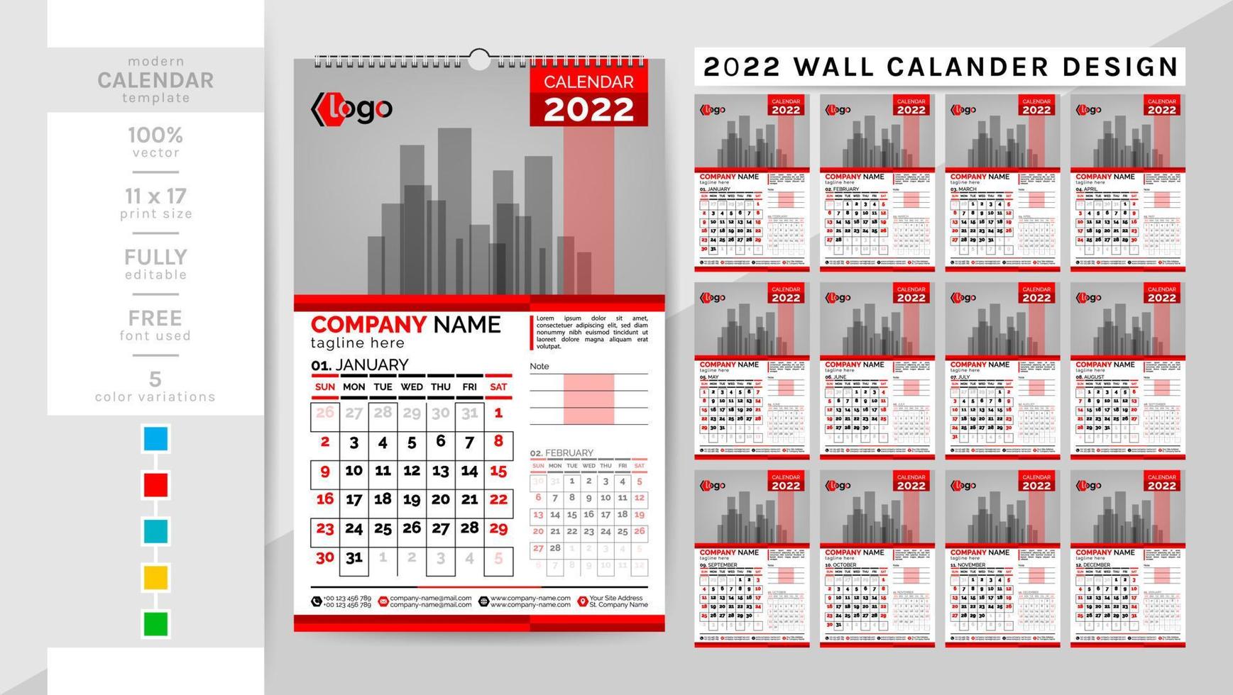 väggkalender och mall för planeraresdagbok för år 2022. denna kreativa eleganta kalender är ett måste för ditt hem och kontor. Färgarbete med två teman, svart och andra. den 12-sidiga veckan börjar på söndag. vektor