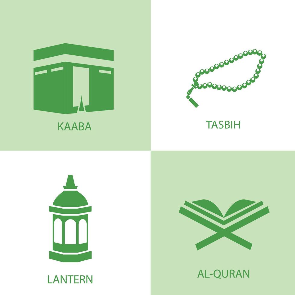 set icon islamische muslimische flache design vektor kaaba tasbih laterne al-quran editierbar frei