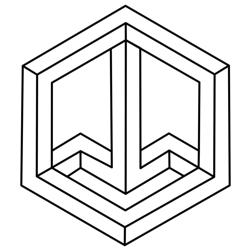 geometrisches Sechseck. abstraktes Gestaltungselement. Wissenschaft oder Baukonzept. schwarzer Umriss 3D-Vektorobjekt. Figur der optischen Täuschung. unmögliche Gestalt. vektor