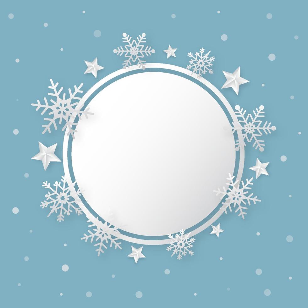 jul gott nytt år blå bakgrund med snöflinga och stjärnor. semester banner. vektor