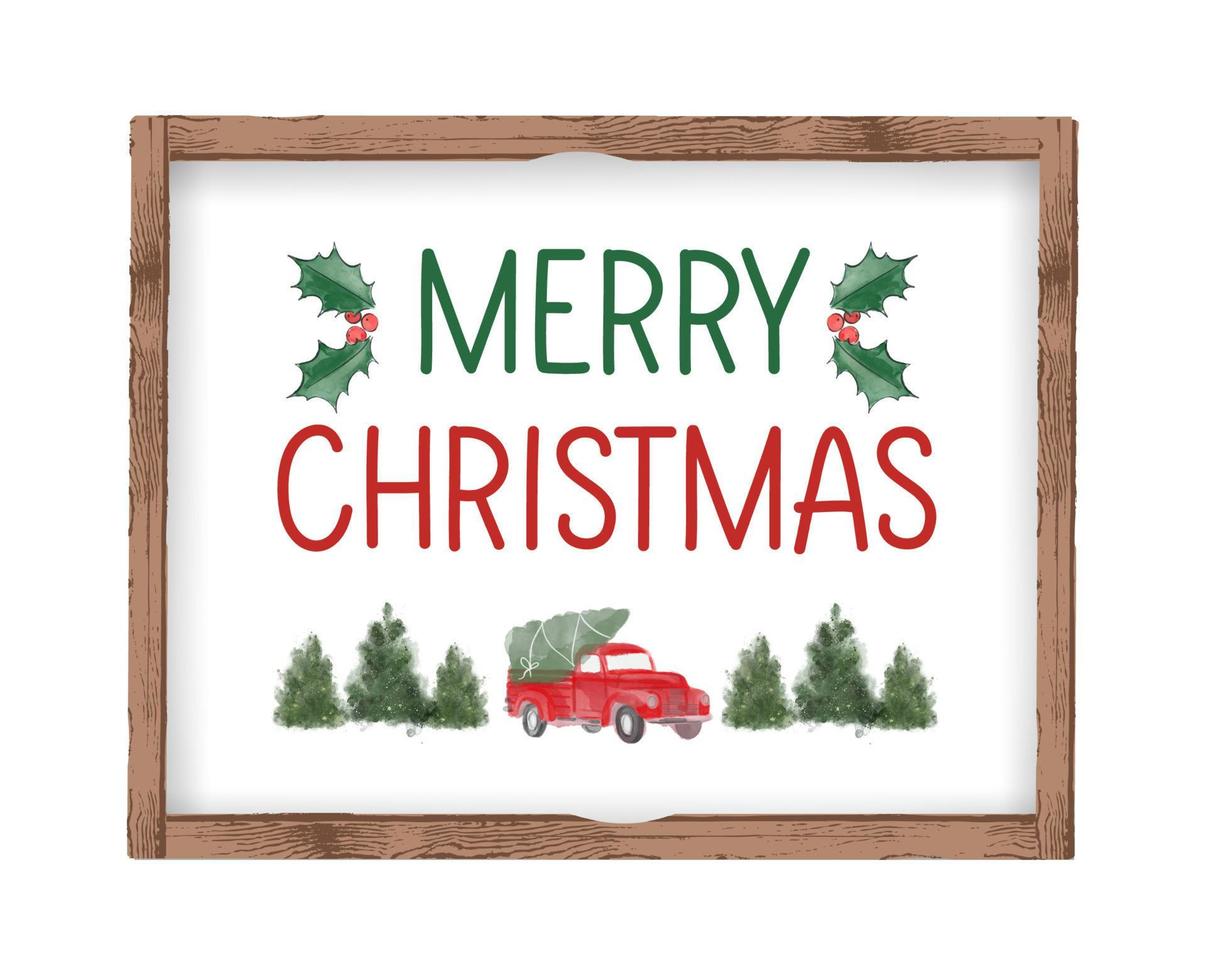 god jul bokstäver affisch med bil och träd i träram. vinter semester gratulationskort, affisch mall. vektor