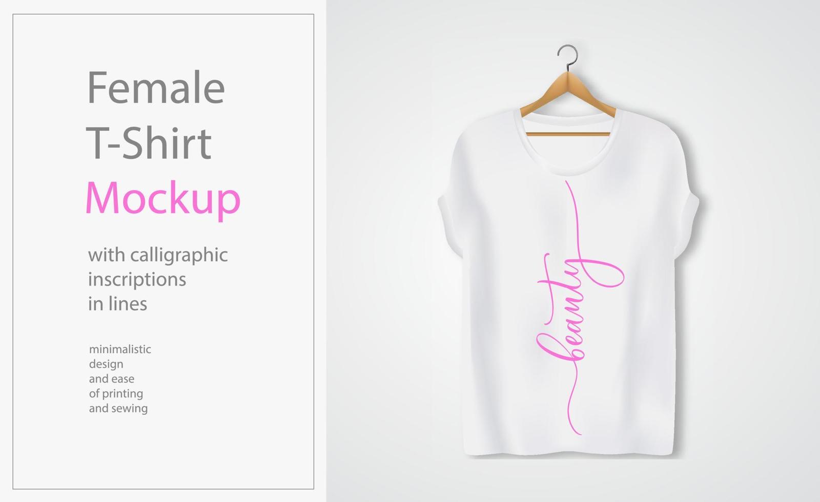 weibliches weißes T-Shirt Mockup mit kalligraphischer Inschrift Schönheit in Linien. vektor
