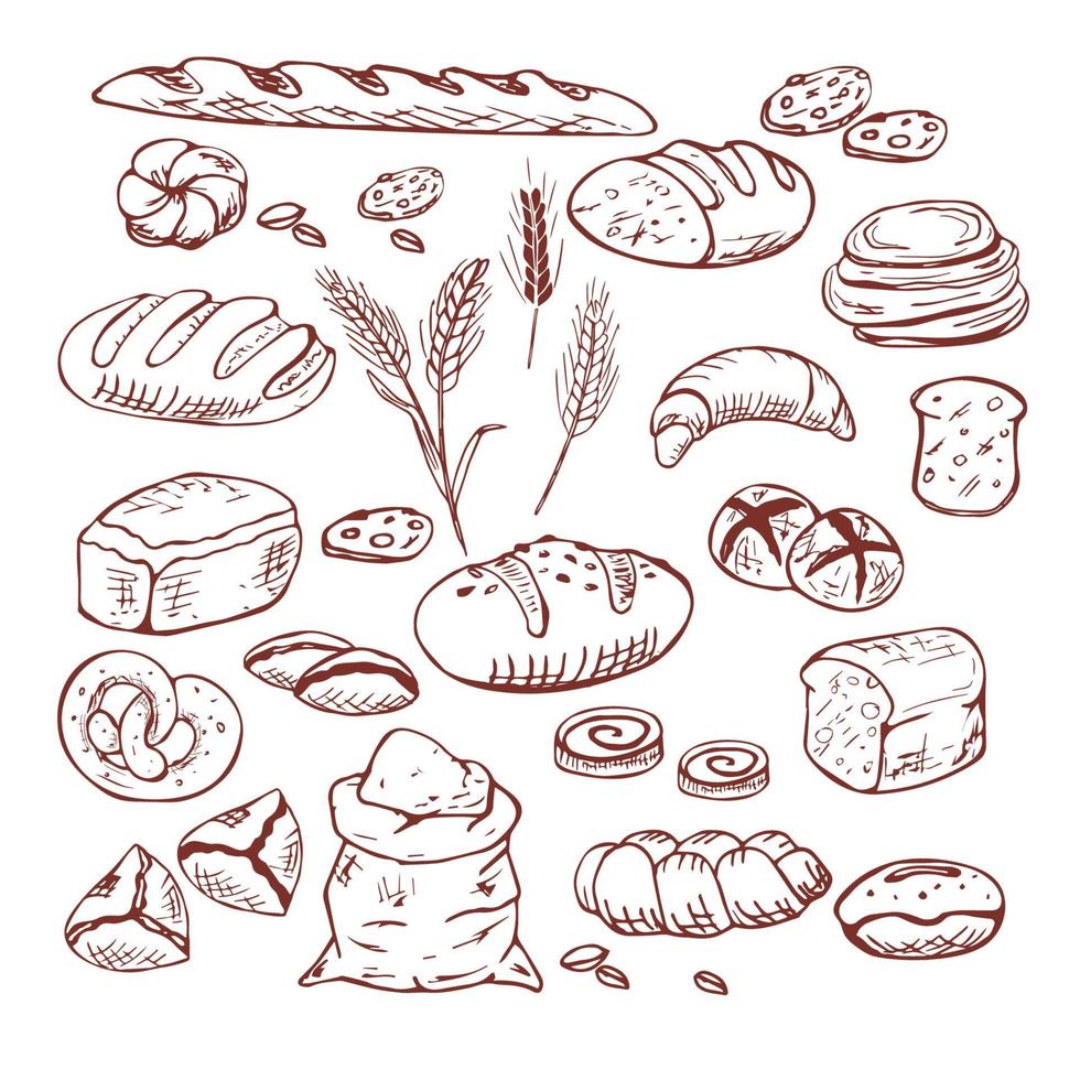 Brot Vektor handgezeichnete Set Illustration. andere Weizensorten, Mehl frisches Brot. Gluten Lebensmittel Bäckerei gravierte Sammlung. Schwarz backen Bio-Lebensmittel isoliert auf weißem Hintergrund.