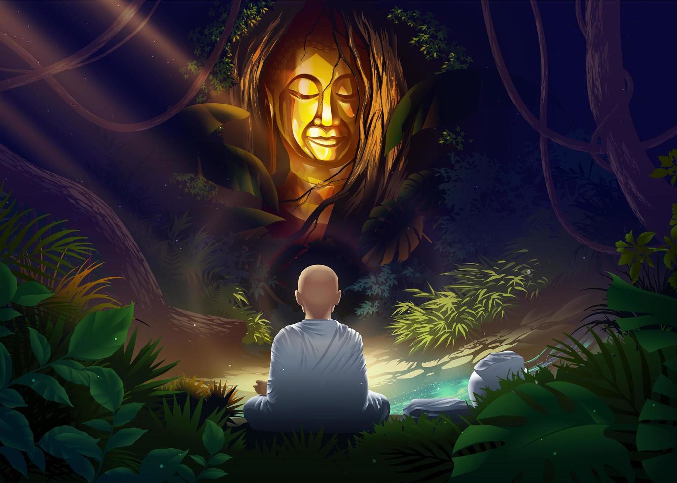 ein weiblicher Arahant-Mönch oder weiblicher heiliger Mönch meditiert vor der mysteriösen Buddha-Statue, die mit dichten Pflanzen im mysteriösen Wald bedeckt ist. vektor