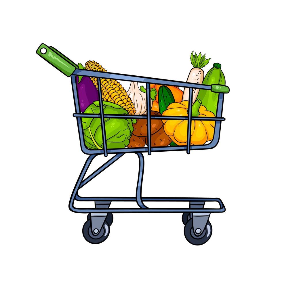 Einkaufswagen mit Gemüse. im Laden einkaufen. vektor