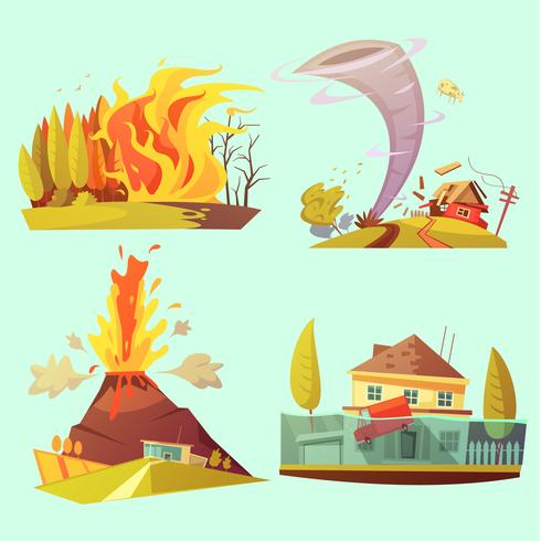 Natural Disaster Retro Cartoon 2x2 ikoner Set vektor