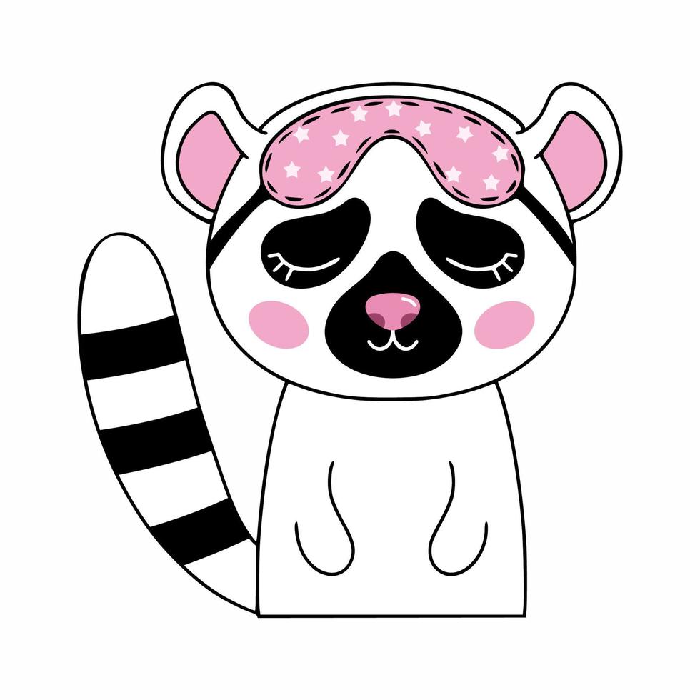 söt lemur bär sömnmask och med slutna ögon. rosa illustration för vykort. vektor