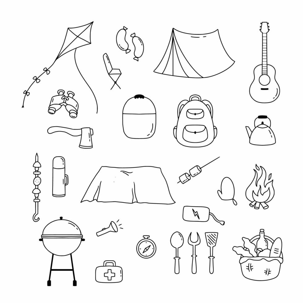 Set mit Symbolen für Picknick und Camping im Doodle-Stil. Vektorlinie Abbildung. vektor