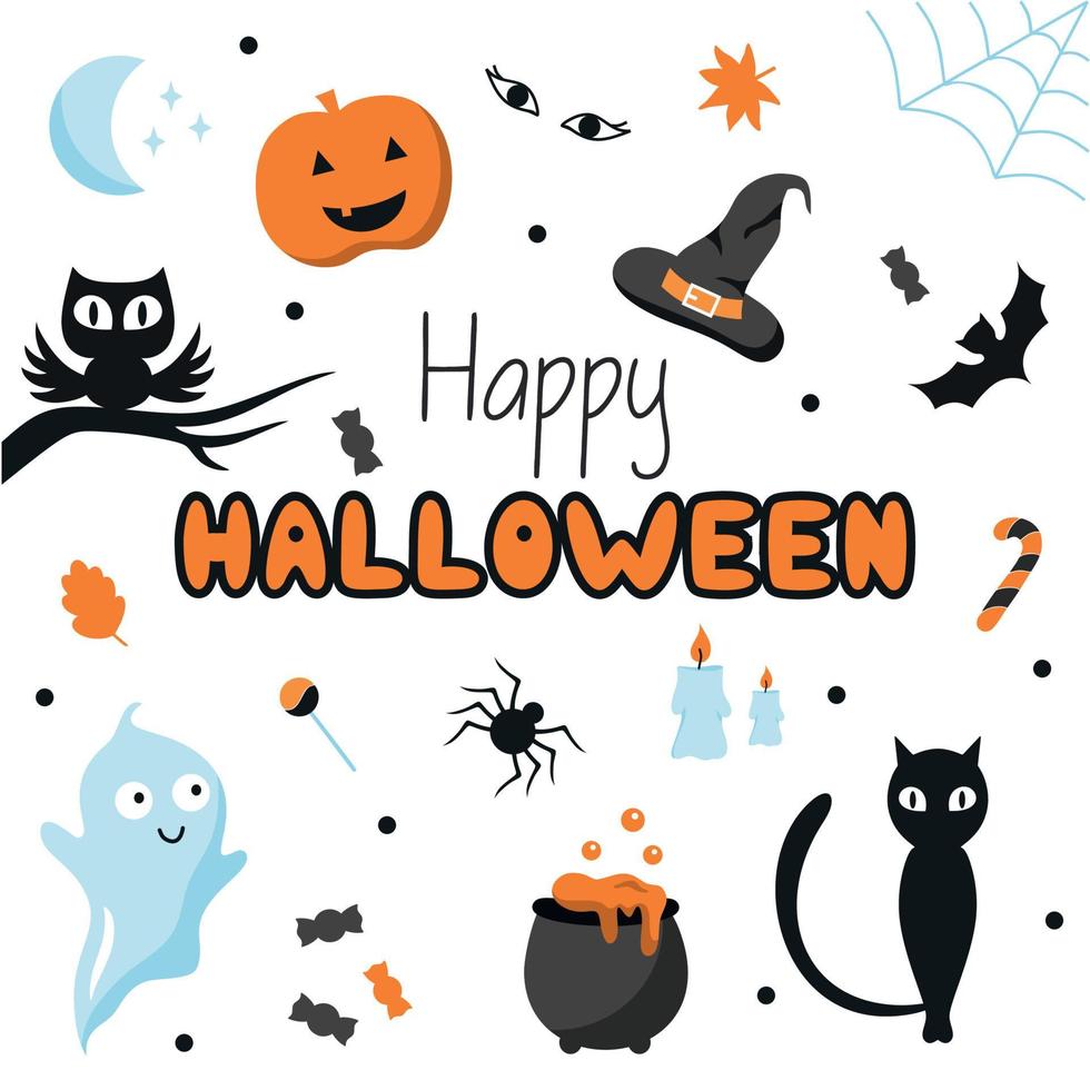 set med klistermärken för semester den 31 oktober. uggla, spöke, svart katt och spindel. bokstäver för hand glad halloween. vektor