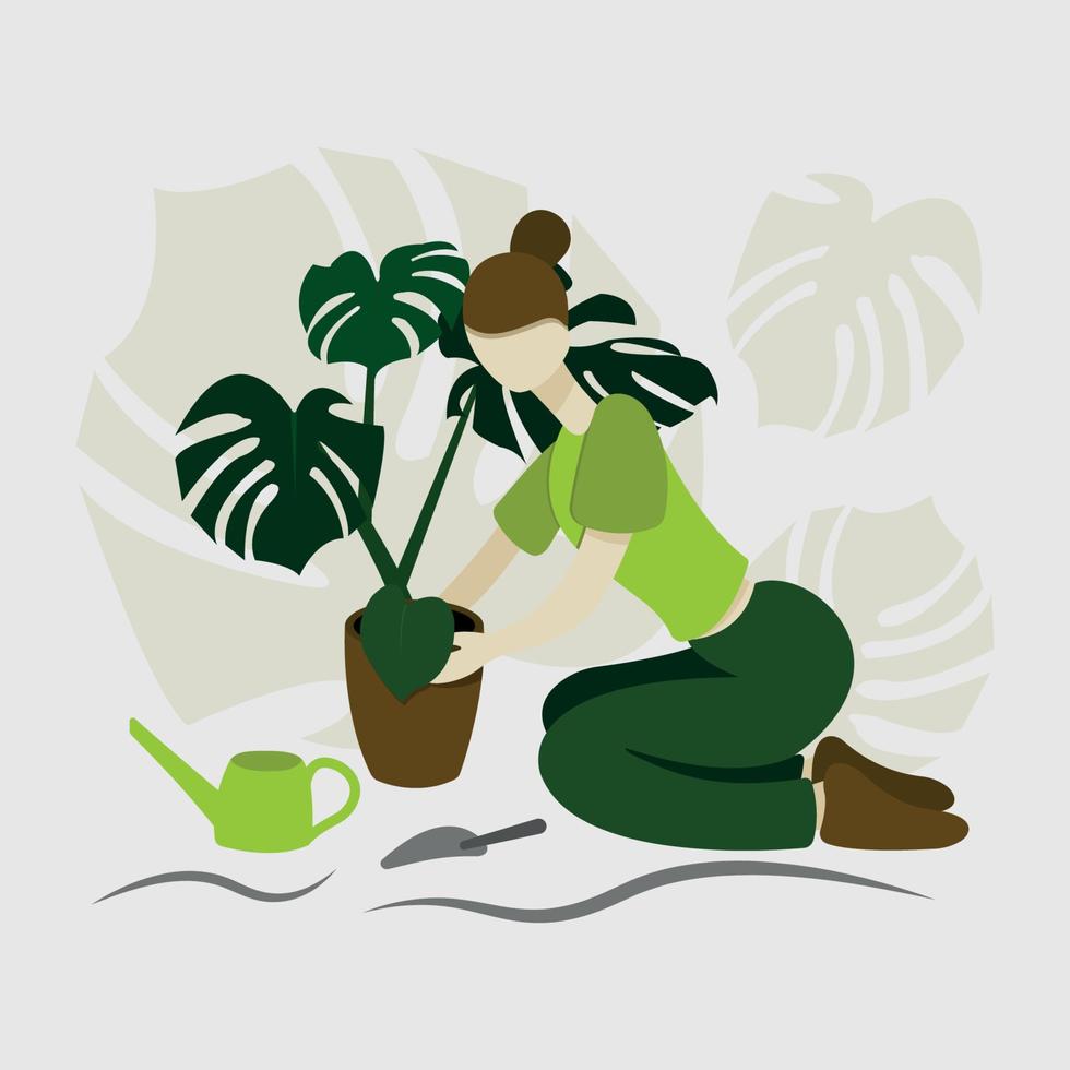 Mädchen der jungen Frau, das eine Blumenmonstera in der flachen Artillustration pflanzt vektor