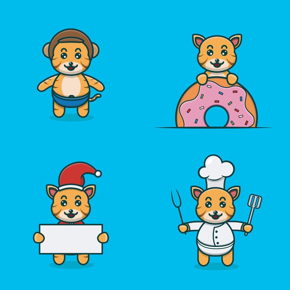 Set süßer Baby-Tiger-Charakter mit verschiedenen Posen. Helm tragen, auf Donuts, Weihnachten und Koch. vektor