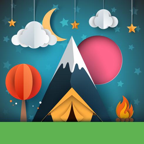 Tecknat papperslandskap. Träd, berg, eld, tält, måne, molnstjärna illustration. vektor