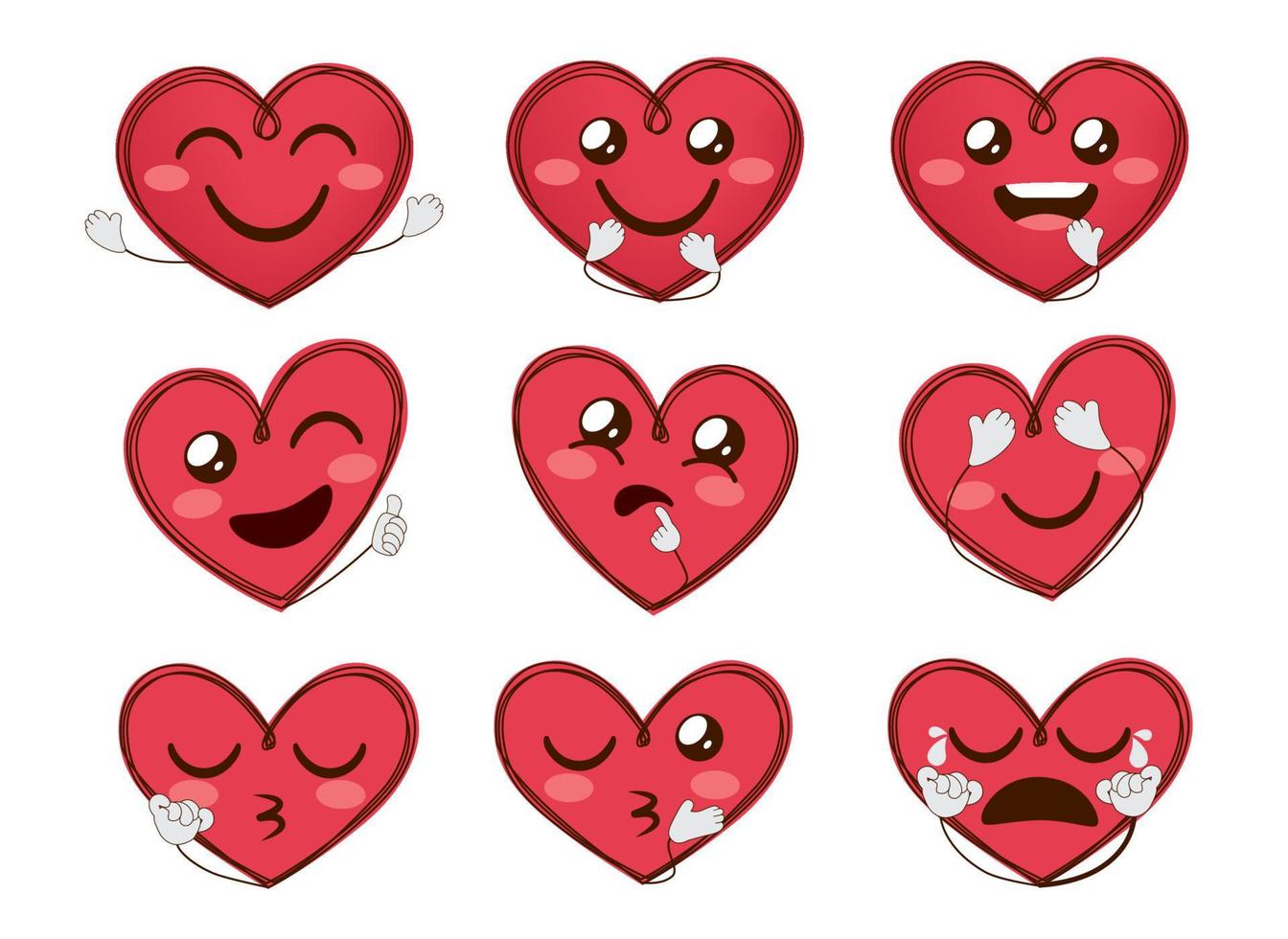 hjärta emoji alla hjärtans vektoruppsättning. uttryckssymboler karaktärshjärtan med förälskade ansiktsuttryck och handgester för kärlek hjärta ansikte ikon emojis karaktär samling design. vektor illustration.