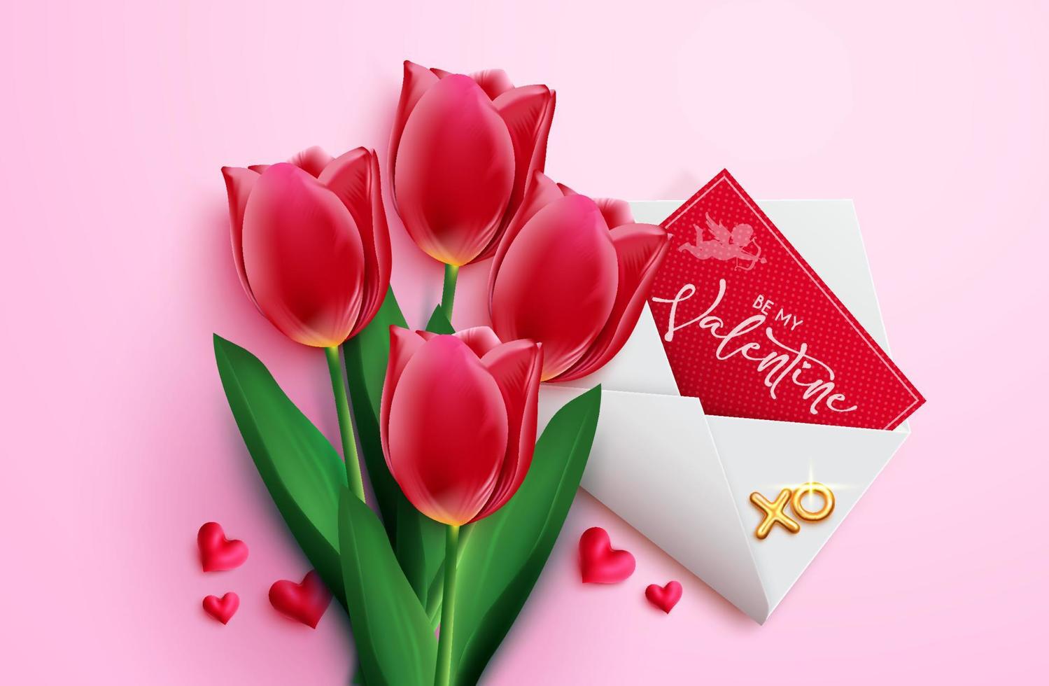 Valentinstag-Vektor-Konzept-Design. valentinstagelemente des tulpenblumenstraußes und der briefeinladung für romantisches herzenstaggeschenk und postkartengruß. Vektor-Illustration. vektor