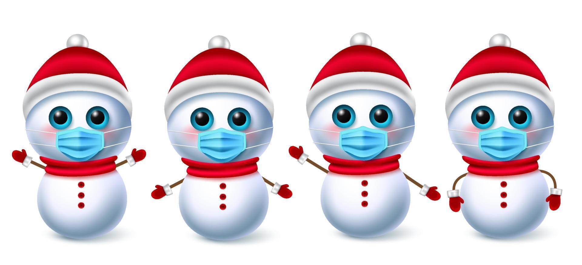 snö man jul karaktär vektoruppsättning. karaktärer för snögubbesamling som bär ansiktsmask för covid-19-kampanjen för ny design av normala julelement. vektor illustration.