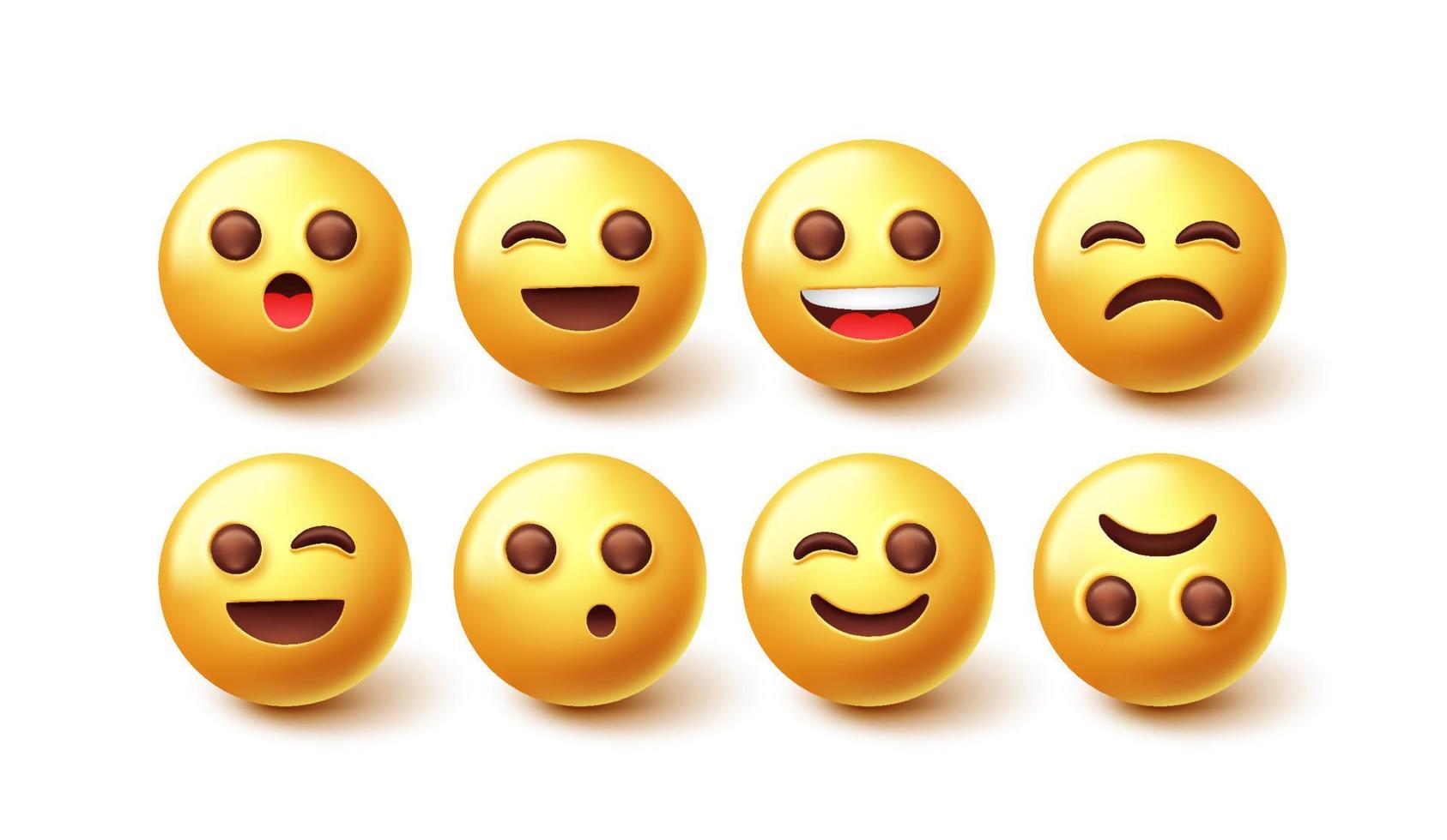 Emoji-Zeichenvektorsatz. 3D-Emoticon in fröhlichem, traurigem und zwinkerndem, süßem Gesichtsausdruck einzeln auf weißem Hintergrund für Emojis-Designsammlung. Vektor-Illustration. vektor