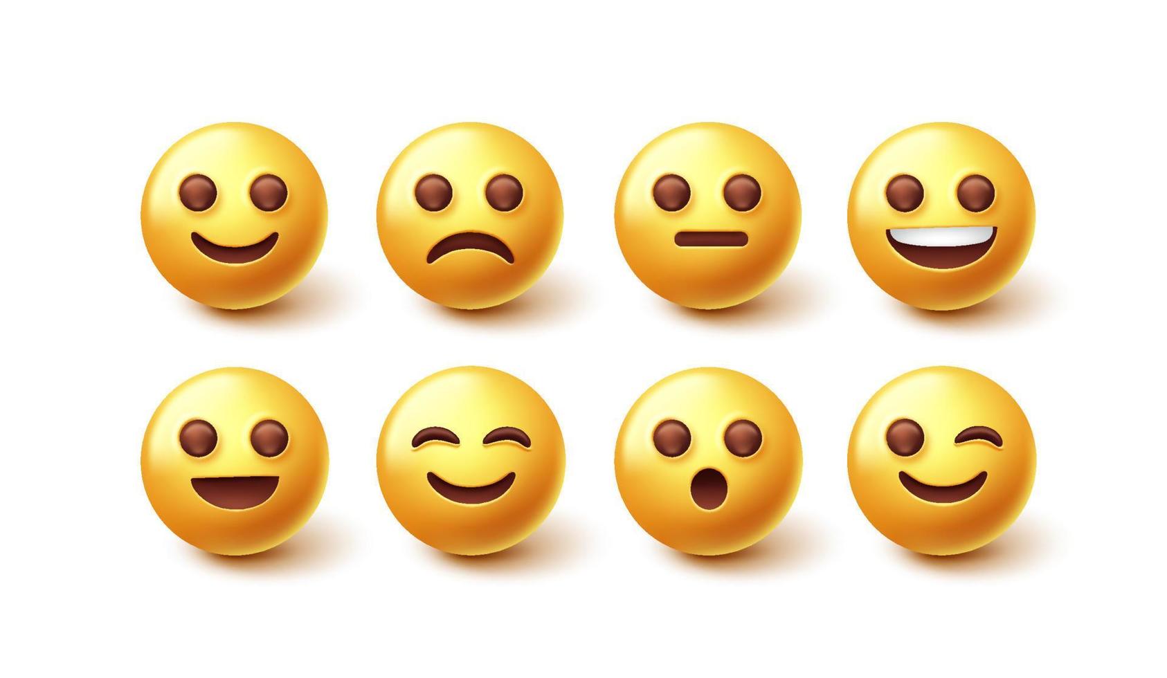 Emoji-Zeichenvektorsatz. Gelber Emoticon glückliche, traurige, lustige und süße Gesichtssammlung einzeln auf weißem Hintergrund für Grafikdesign-Elemente. Vektor-Illustration. vektor