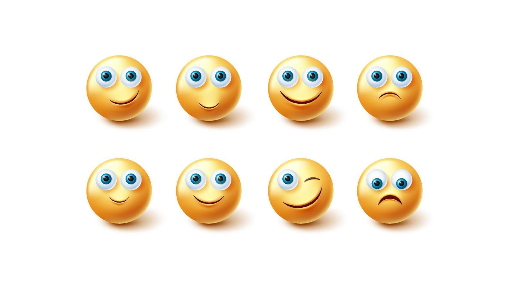 Emoji-Gesichtsvektorsatz. gelbe Emoticons-Sammlung glücklicher, trauriger und zwinkernder Gesichtsausdruck einzeln auf weißem Hintergrund für Grafikdesignelemente. Vektor-Illustration. vektor