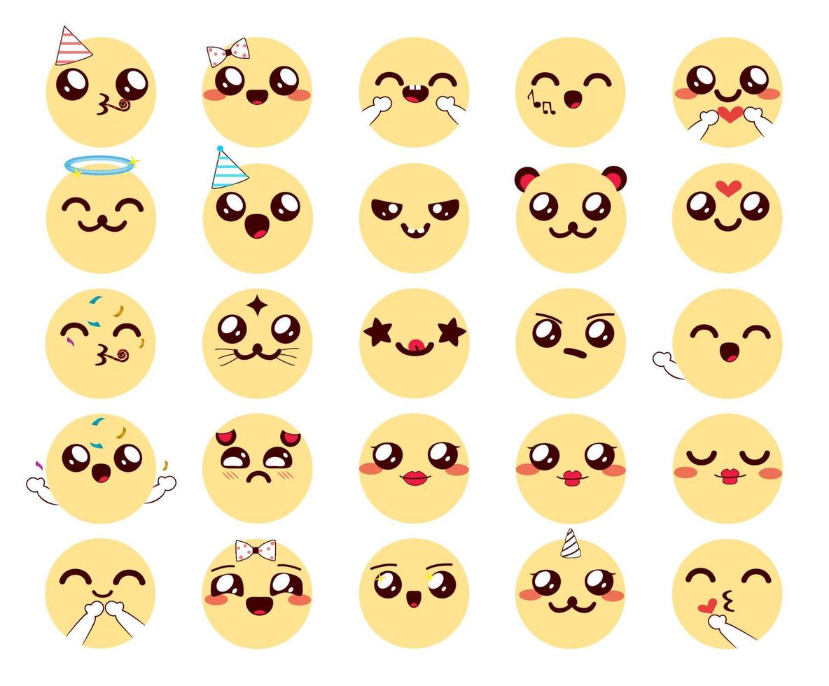 emoji chibi tecken vektor uppsättning. kawaii emojis-kollektion med söta ansiktsuttryck i gula ansikten för vänlig tecknad emotikondesign. vektor illustration.